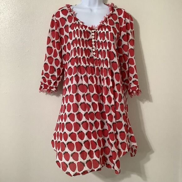 At Last Wearable Art Strawberry Art to Wear Cottagecore Lagenlook Tunic Dress 14 - Picture 1 of 8